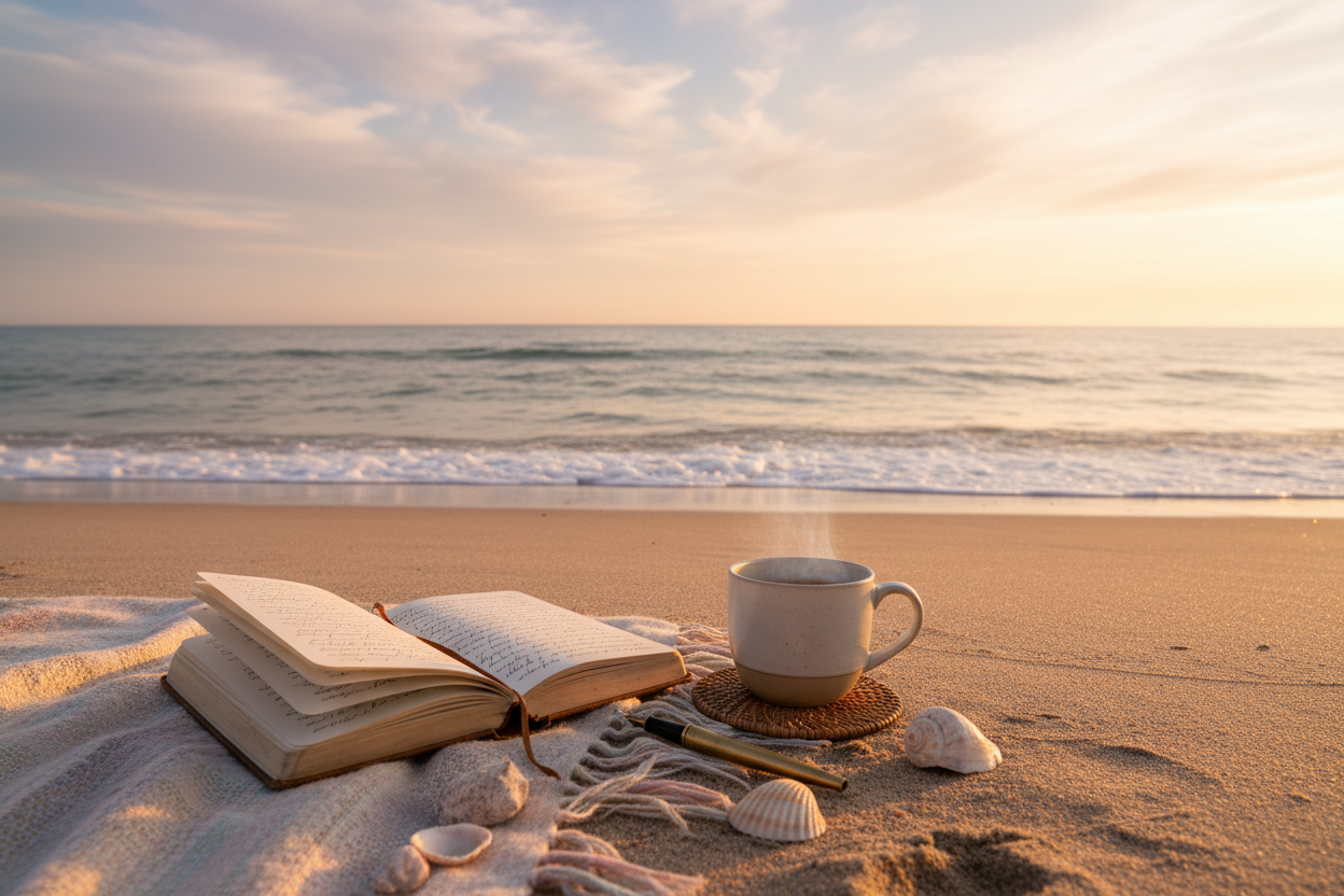 Generate an image that combines the beach, journaling, and peaceful vibes