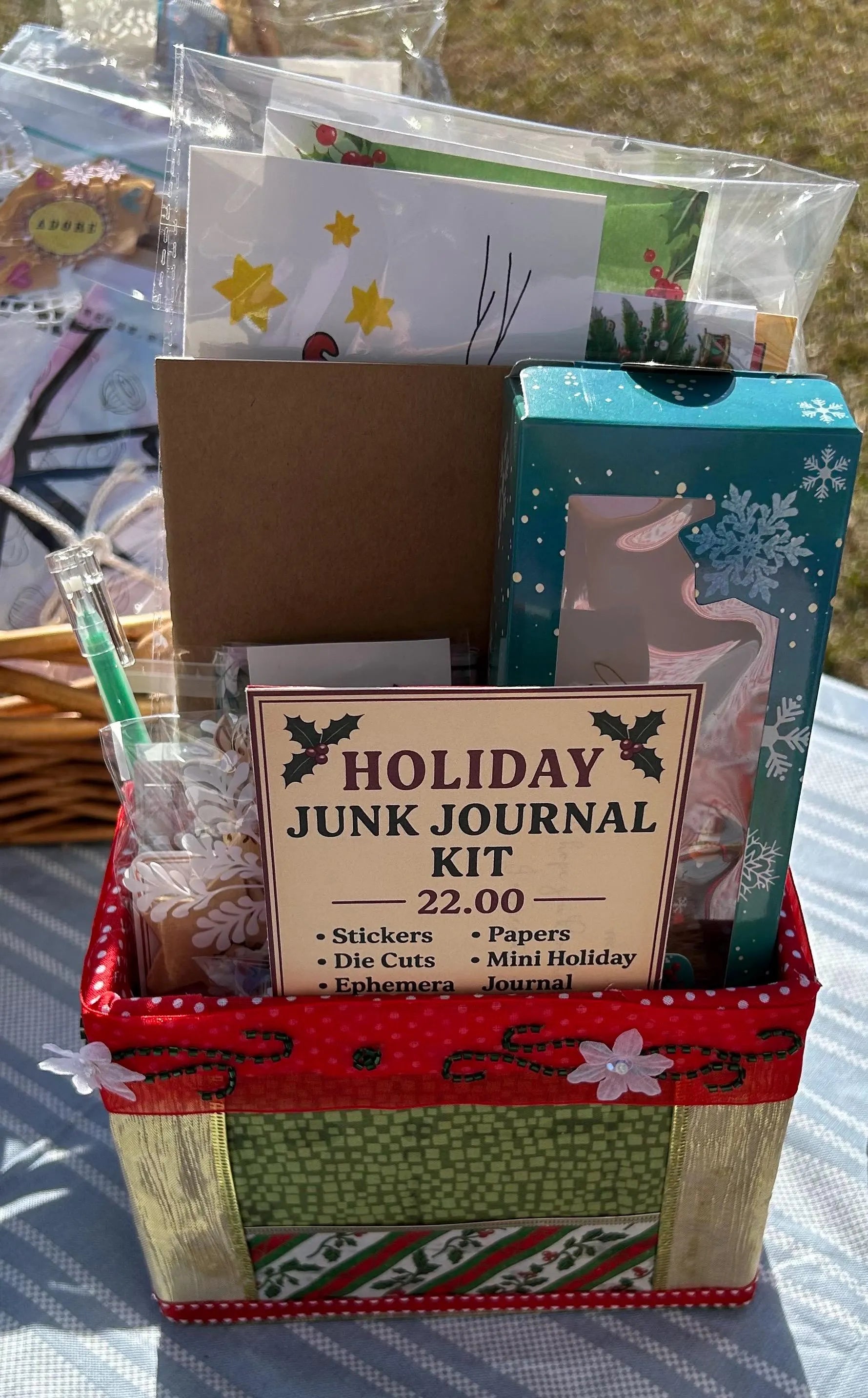 Holiday Junk Journal Kit – Handmade Christmas Fabric Basket, Ephemera, Stickers