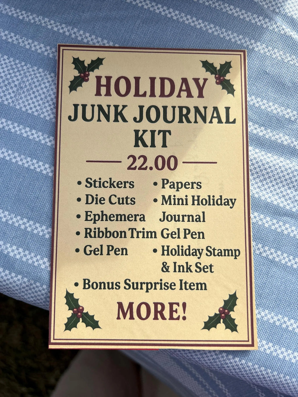 Holiday Junk Journal Kit – Handmade Christmas Fabric Basket, Ephemera, Stickers