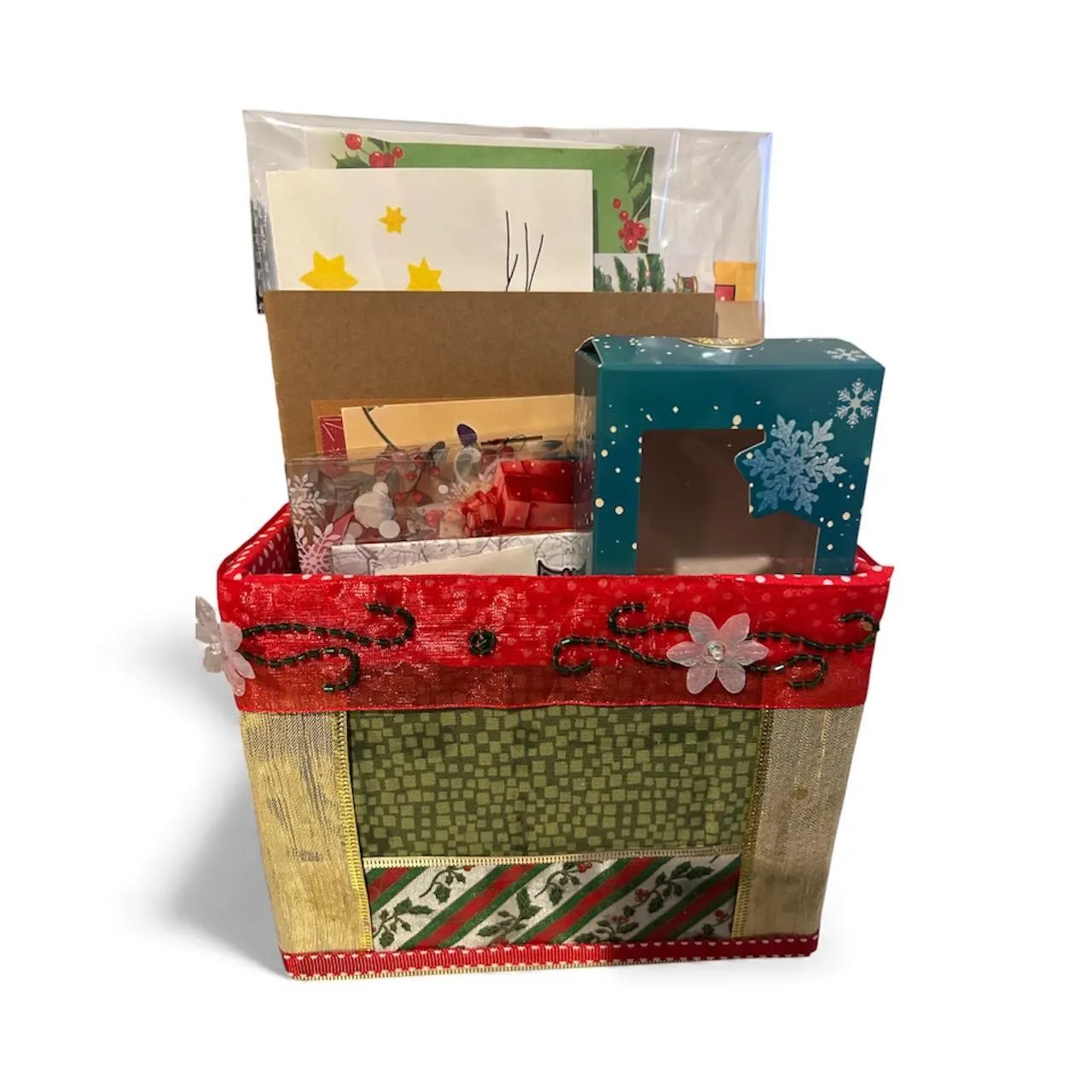 Holiday Junk Journal Kit – Handmade Christmas Fabric Basket, Ephemera, Stickers